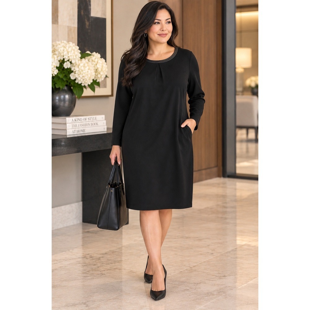 NWT Talbots Black Sheath Dress Womens 20W Faux Leather Trim Pockets Career